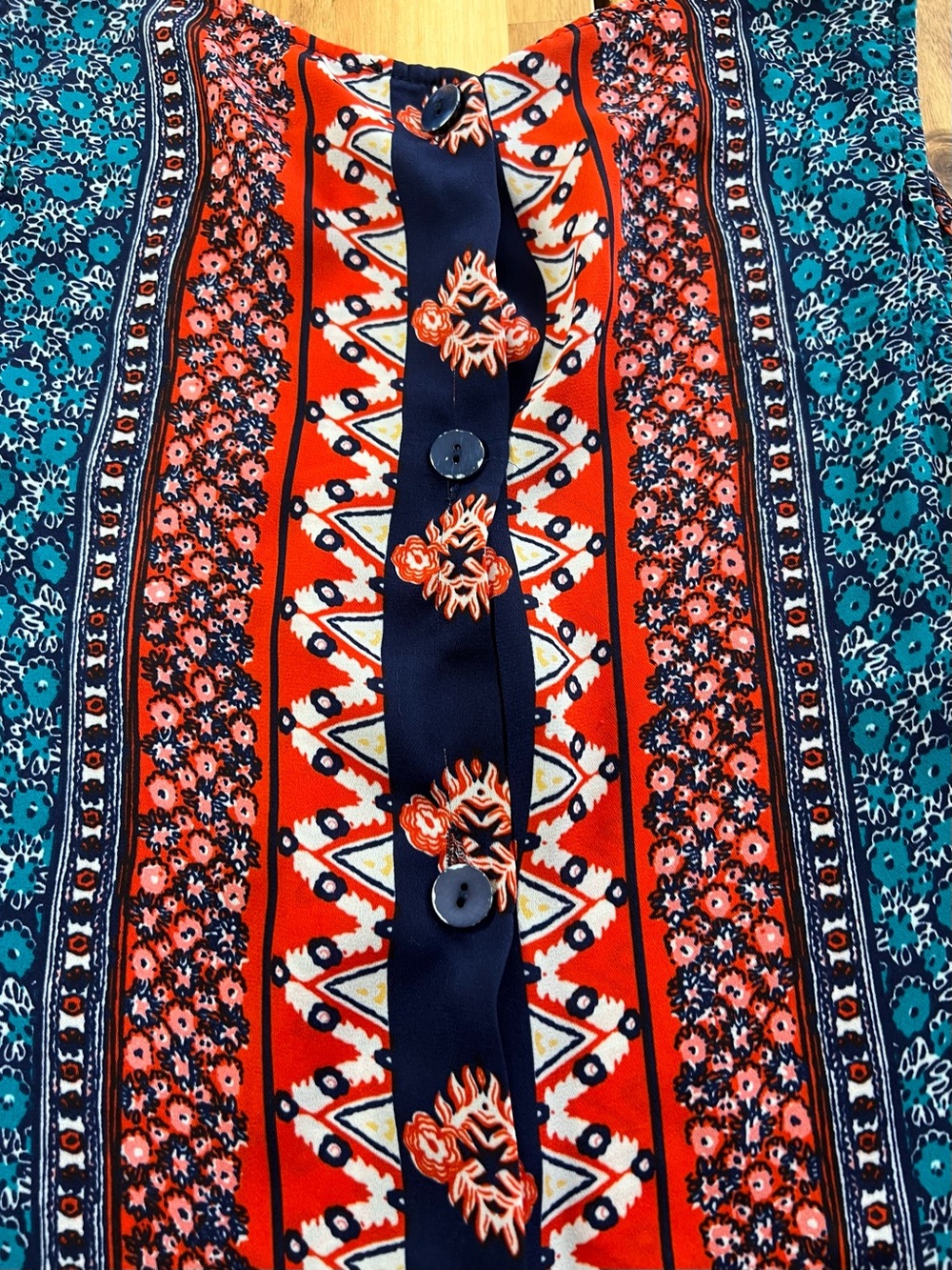 Anne Carson XS Boho Sleeveless Floral Border Print Tank Top Navy Orange - Picture 9 of 11
